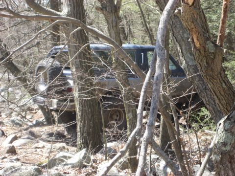 1991 Ford Bronco - 1991 Ford Bronco navigating wooded, rocky terrain.