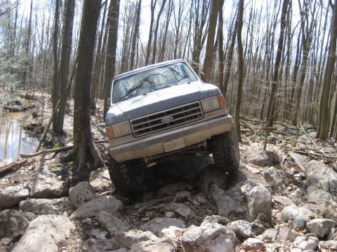 1991 Ford Bronco - This Ford truck is shown off-roading through a dense forest with a rocky terrain.