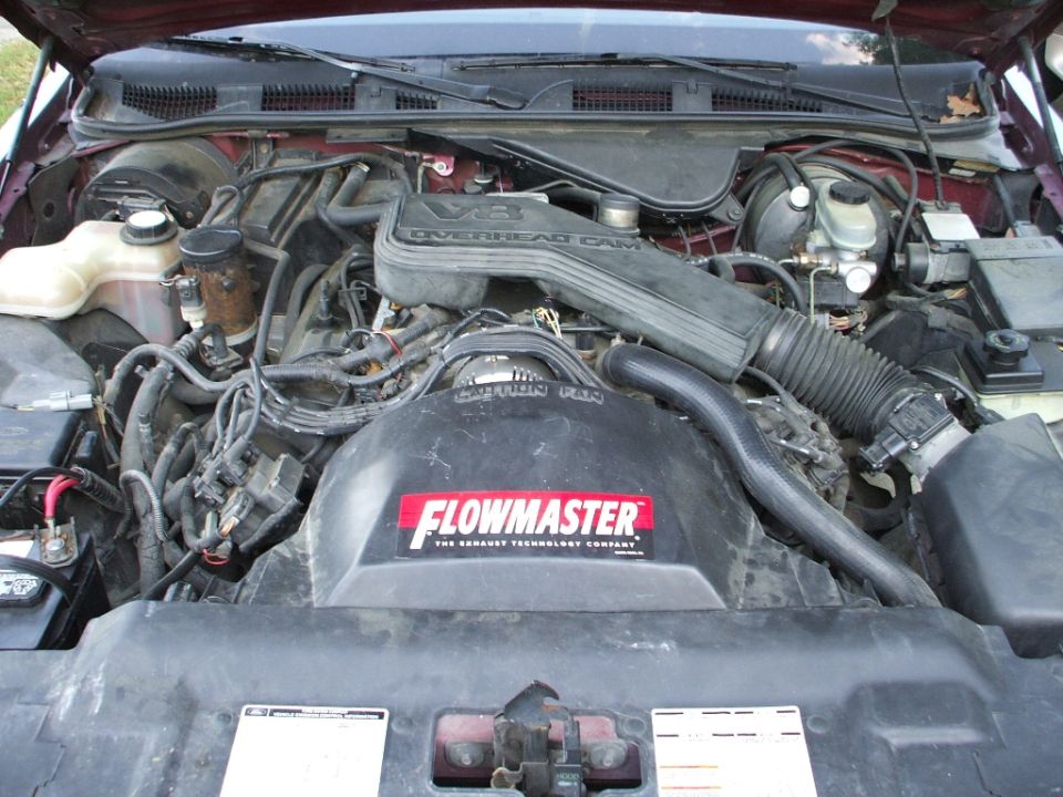 1993 Ford Crown Victoria engine bay with Flowmaster cover