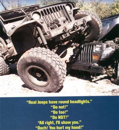 1994 Ford Bronco - A humorous scene depicts two Jeeps stacked, with the top one appearing to be on the lower one, accompanied by witty dialogue.