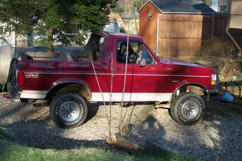 1993 Ford Bronco - This 1993 Ford Bronco is parked outside next to a wooden shed and some trees.