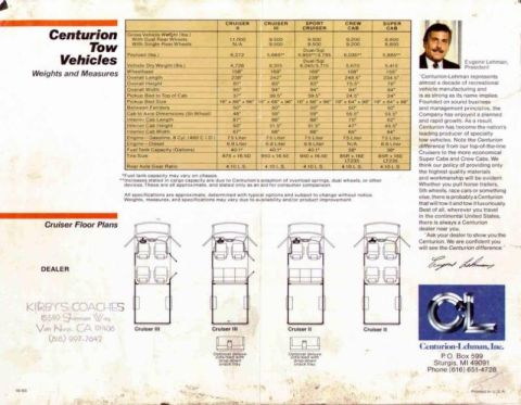 1993 Ford C-350 (Centurion Conversions) - Dealer brochure for Centurion Tow Vehicles, including weights, measures, and floor plans.