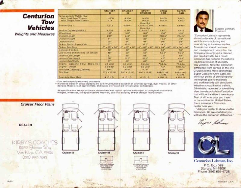 Centurion tow vehicles brochure page with specs tables and floor plans