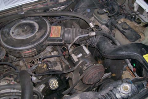1992 Ford C-350 (Centurion Conversions) - Close-up view of a vehicle's engine bay, showing various mechanical parts and hoses.