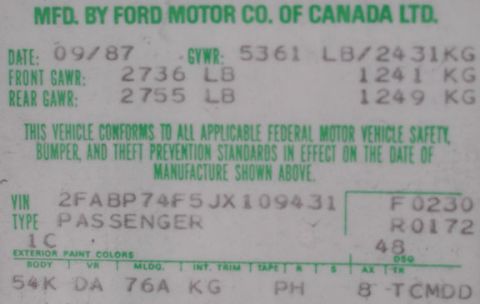 1988 Ford Crown Victoria LTD - Door Codes