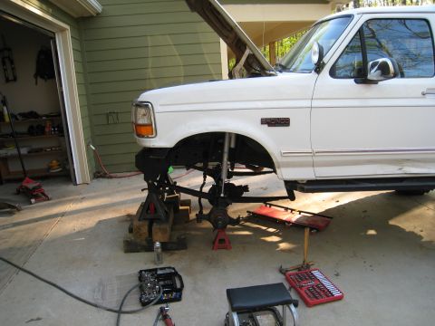 1996 Ford Bronco - This Ford Bronco is undergoing front-end work with its suspension components removed.