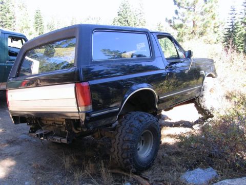 1989 Ford Bronco - A lifted black Ford Bronco with a white stripe navigates an off-road trail.