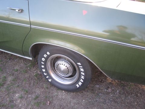 1991 Ford LTD Crown Victoria - Close-up of a green sedan's rear wheel and fender, Firehawk tires and chrome accents.