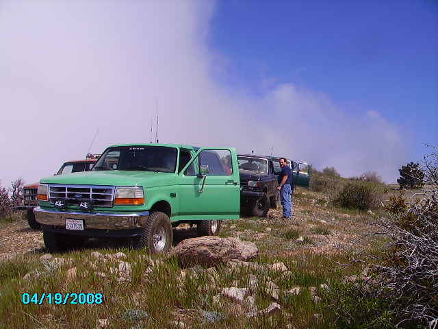 Green Ford F-Series truck parked on a hill with other trucks behind it