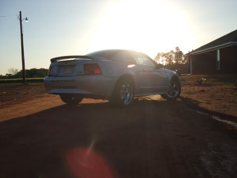 1999 Ford Mustang - Rear view of a silver 1999 Ford Mustang coupe on a dirt road at sunset.