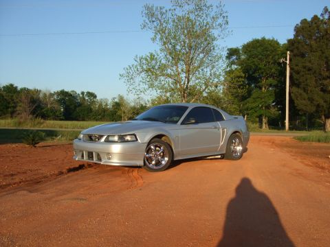 1999 Ford Mustang - Silver 1999 Ford Mustang coupe sits on a dirt road with trees and a clear blue sky in the background.