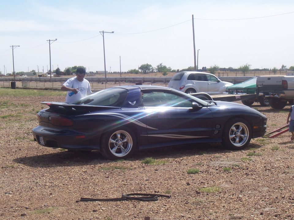 Dark blue Pontiac Firebird Trans Am with silver racing stripes and aftermarket wheels parked on gravel