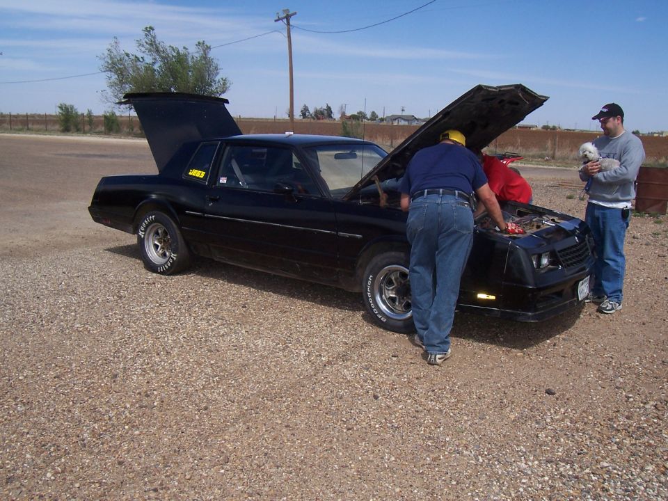 Black coupe with hood and trunk open, men working on engine, one holding dog
