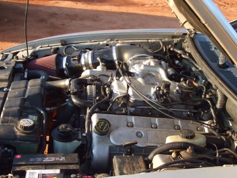 1999 Ford Mustang - The engine bay of a 1999 Ford Mustang shows an aftermarket cold air intake and a prominent cobra emblem on the intake manifold.