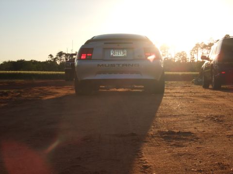 1999 Ford Mustang - A silver Ford Mustang is viewed from the rear at sunset, parked on a dirt road with other vehicles nearby.