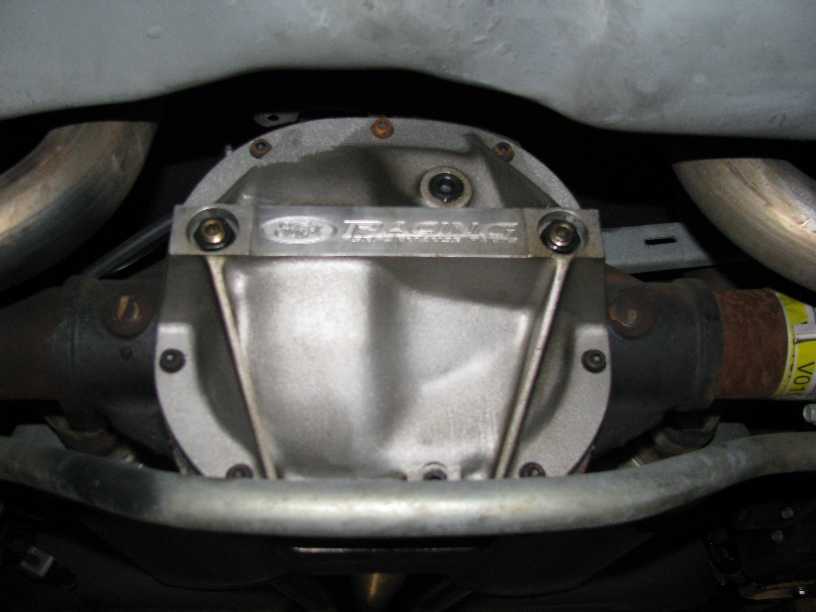 Ford Racing aluminum differential cover on a rear axle underbody
