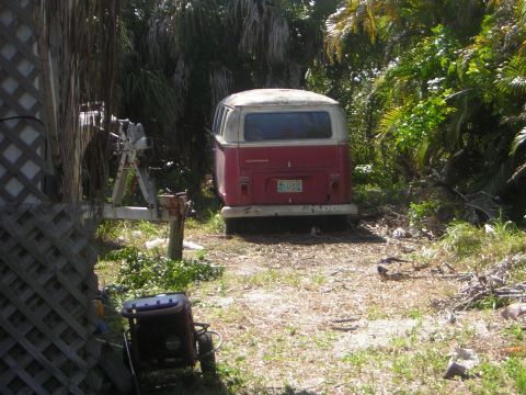 1971 Volkswagen Vanagon - Rear view of a 1971 Volkswagen Type 2 van parked in a yard with dense foliage.