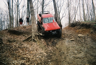 1992 Ford Bronco - Off-road truck navigates a challenging, wooded incline.