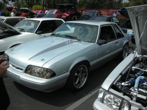 1992 Ford Crown Victoria - A silver 1991 Ford Mustang coupe is displayed at a car show with its hood open.