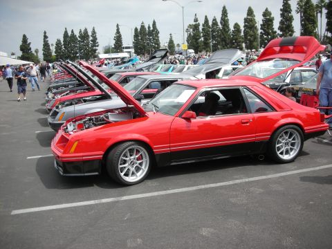 1992 Ford Crown Victoria - A line of cars are parked with their hoods and trunks open at an outdoor car show.