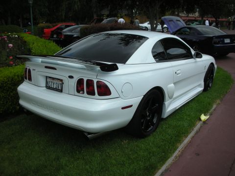1992 Ford Crown Victoria - A white 1996 Ford Mustang SVT Cobra is shown from the rear, with other cars in the background.