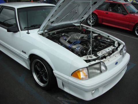 1992 Ford Crown Victoria - White Ford Mustang with hood open, revealing a supercharged engine. Another Mustang is parked behind it.