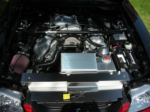 1992 Ford Crown Victoria - Close-up of a modified engine bay, a V8 engine with custom components and a strut tower brace.