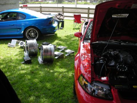 1992 Ford Crown Victoria - Red car with its hood open, parked on grass next to a blue car with wheels laid out nearby.