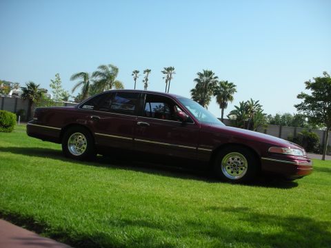1992 Ford Crown Victoria - This maroon 1992 Ford Crown Victoria sedan is parked on a grassy lawn with palm trees in the background.