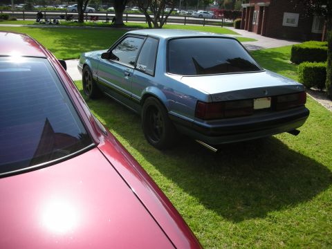 1992 Ford Crown Victoria - Two cars parked on a lawn, one blue coupe and one red car.