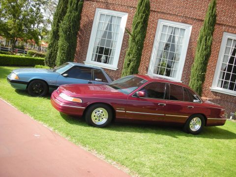 1992 Ford Crown Victoria - Two Ford vehicles, a Crown Victoria and a Mustang, are parked on a lawn in front of a brick building.