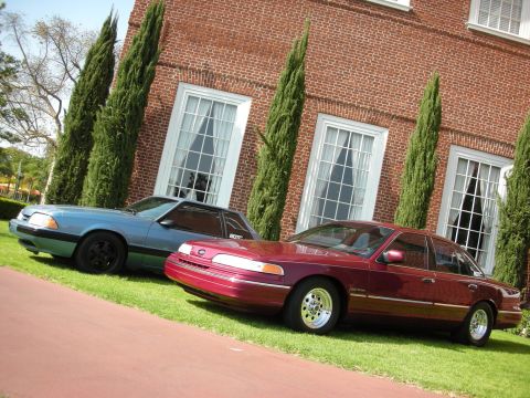 1992 Ford Crown Victoria - Two Ford sedans, a Crown Victoria and a Mustang, are parked on the lawn outside a brick building.