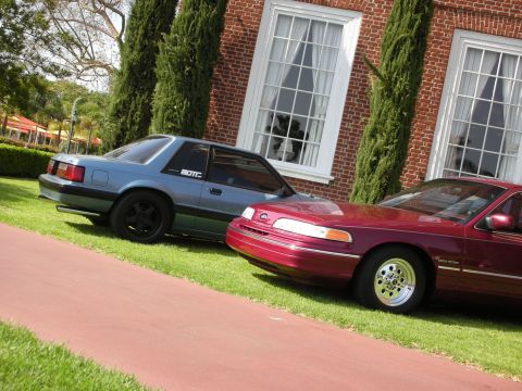 1992 Ford Crown Victoria - Two Ford vehicles, a maroon Crown Victoria and a blue Mustang, are parked on a grassy lawn next to a brick building.