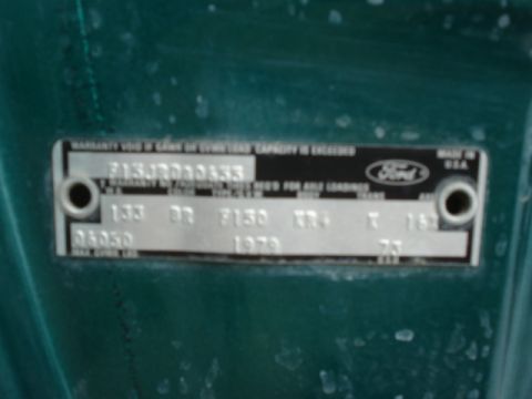 1979 Ford F-150 - Close-up of a Ford VIN plate indicating the vehicle is an F150 from 1979.
