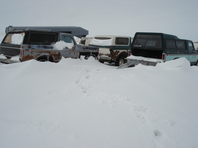 Three rusty trucks partially buried in snow, two with camper shells