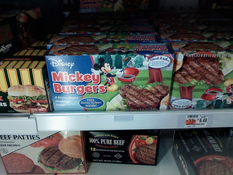 Boxes of Disney Mickey Burgers and other beef patties on a store shelf