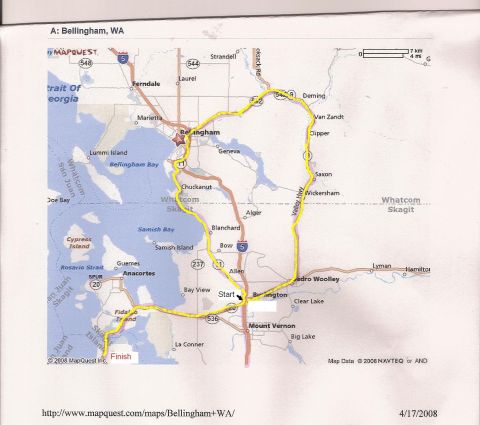 1995 Ford Probe - This is a map of Bellingham, WA, showing a marked route.