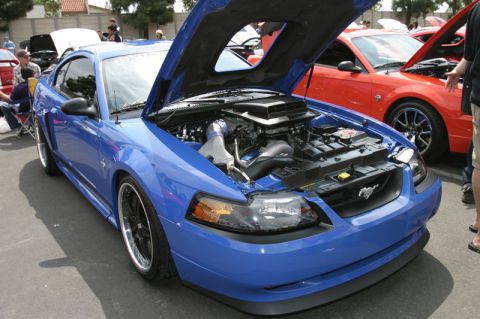 1992 Ford Crown Victoria - Blue Ford Mustang with hood open, revealing its engine and custom modifications.