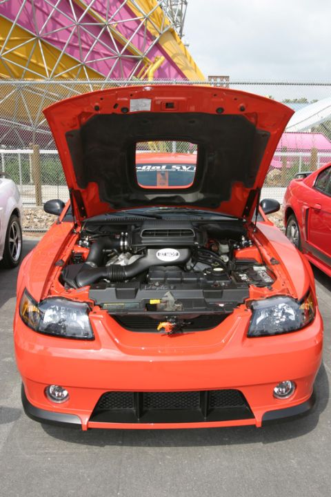 1992 Ford Crown Victoria - An orange Ford Mustang is displayed with its hood open, revealing the engine bay.