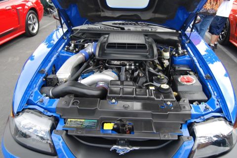 1992 Ford Crown Victoria - Engine bay of a blue Ford Mustang, showing aftermarket modifications. Another Mustang is parked nearby.