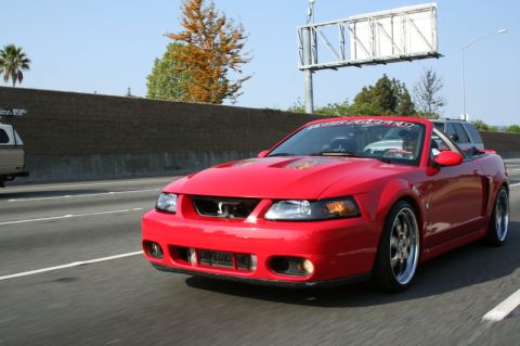 1992 Ford Crown Victoria - A red convertible Mustang cruises down the highway, its design highlighted by custom wheels and a personalized license plate.
