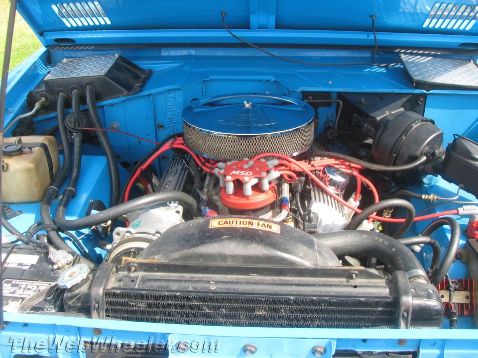 Blue engine bay with MSD ignition and chrome air cleaner