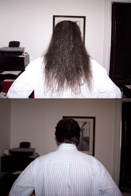 2000 Ford Crown Victoria - A person's hair is shown before and after a cut.