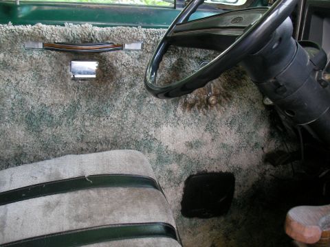 1978 Ford E250 - The interior of a van features extensive shag carpeting on the door panel and dashboard.