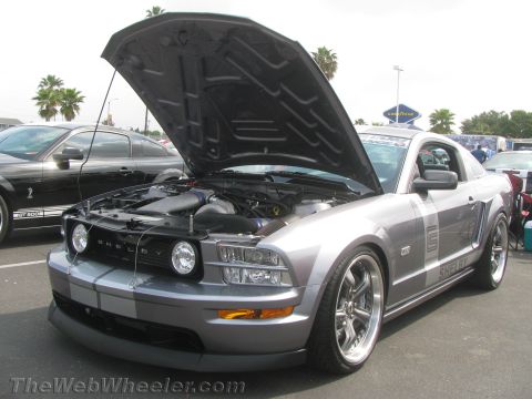 1968 Ford Mustang - A silver Shelby Mustang is parked with its hood open, revealing the engine bay and custom wheels.