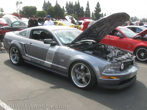 1968 Ford Mustang - A gray Shelby Mustang is displayed with its hood open at an outdoor car event, showing off its engine.