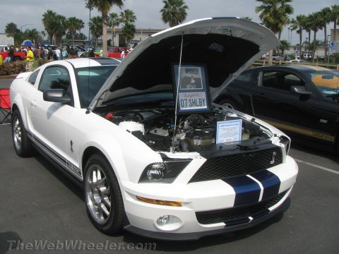 1968 Ford Mustang - A white 2007 Shelby Mustang is displayed with its hood open, revealing the engine and a framed "07 SHELBY" license plate.