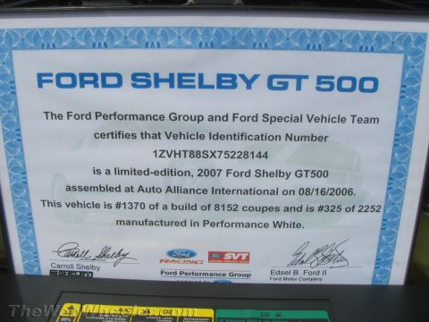 1968 Ford Mustang - Ford Performance certificate certifying a 2007 Shelby GT500's VIN, build date, and limited-edition build numbers.