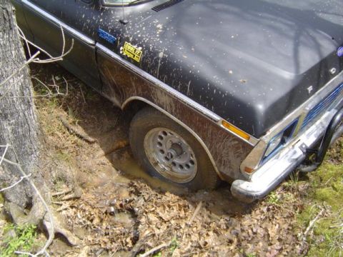 1979 Ford Bronco - Mud-splattered black and brown two-tone Ford truck sunk to the rim in a water-filled rut beside a tree, shot from the front passenger corne…