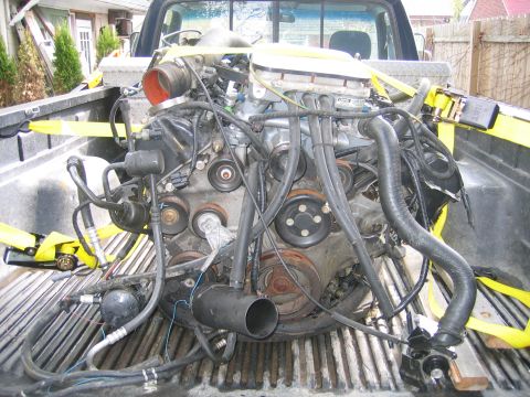 1996 Ford Crown Victoria - Engine being transported in a truck bed, secured with yellow tie-down straps.